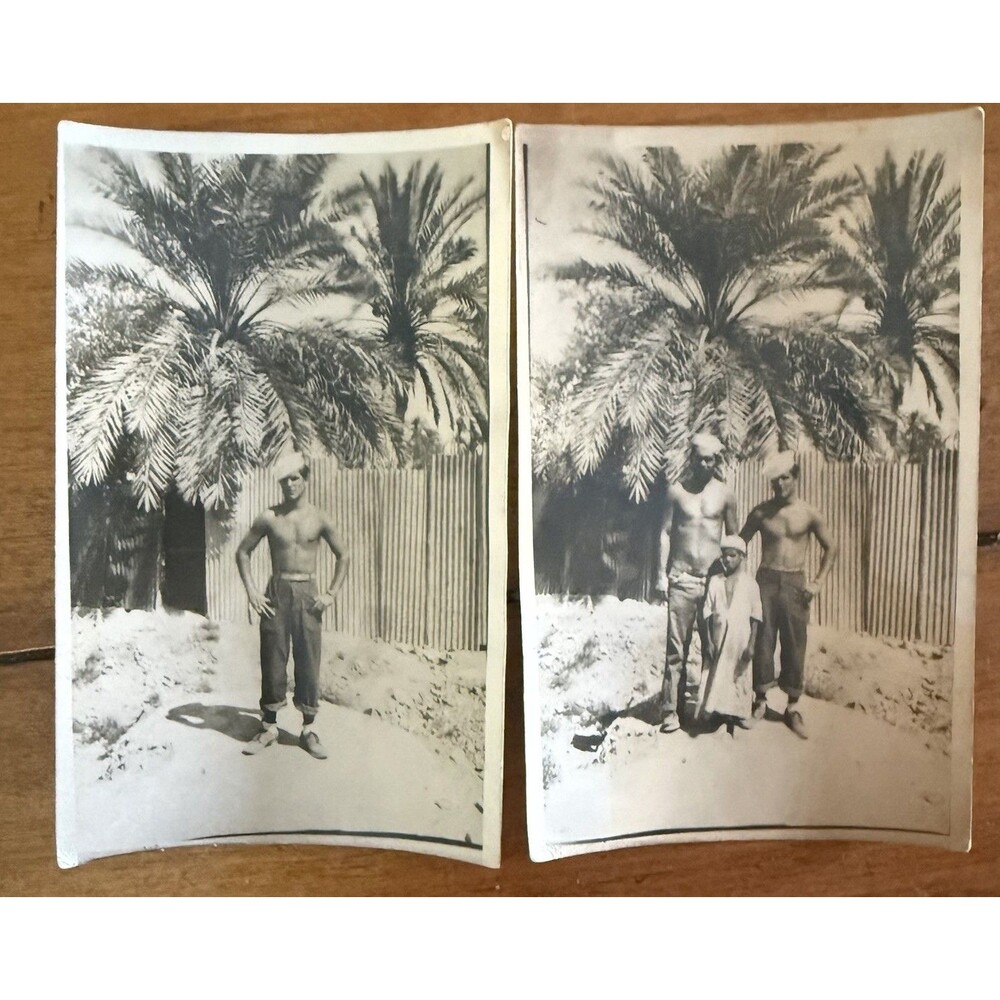 2 Vintage Real Photo Postcards Two Handsome Men & Iranian Boy IRAN 1944 B&W